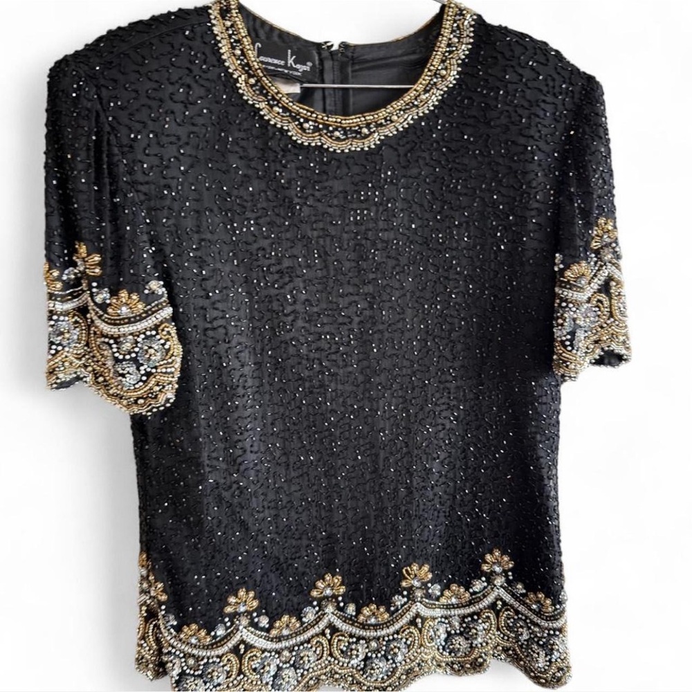 Laurence Kazar Black Beaded Short Sleeve Top with Gold & Silver Embellishment